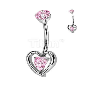 Implant Grade Titanium Internally Threaded Hollow 3D Heart With Prong Set Heart CZ Center Belly Button Ring - Image 4