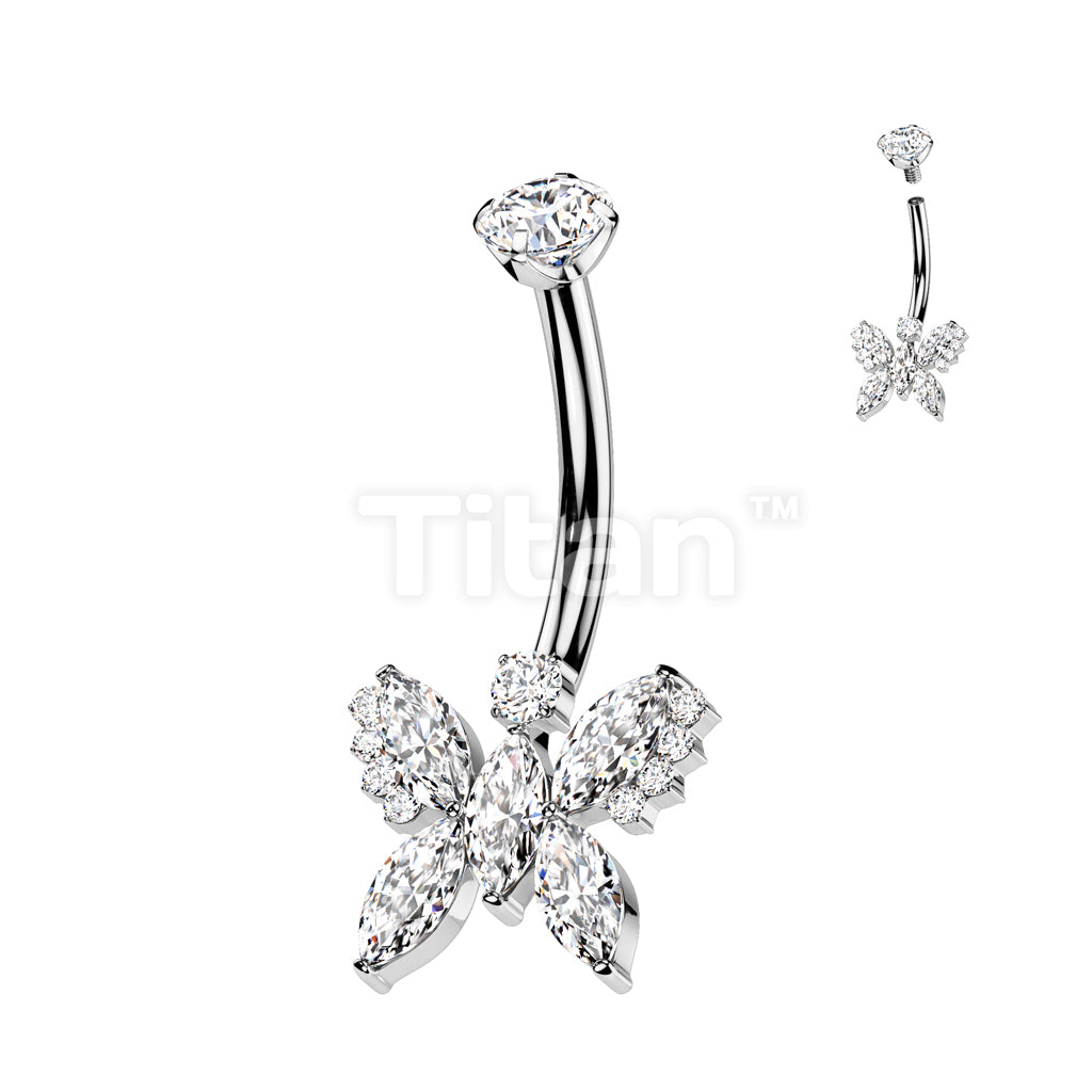 Implant Grade Titanium Internally Threaded 5 Marquise CZ Butterfly With Round CZ Prong Set Top Belly Button Ring - Image 2