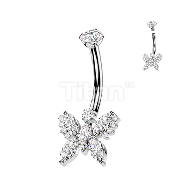 Implant Grade Titanium Internally Threaded 5 Marquise CZ Butterfly With Round CZ Prong Set Top Belly Button Ring - Image 2