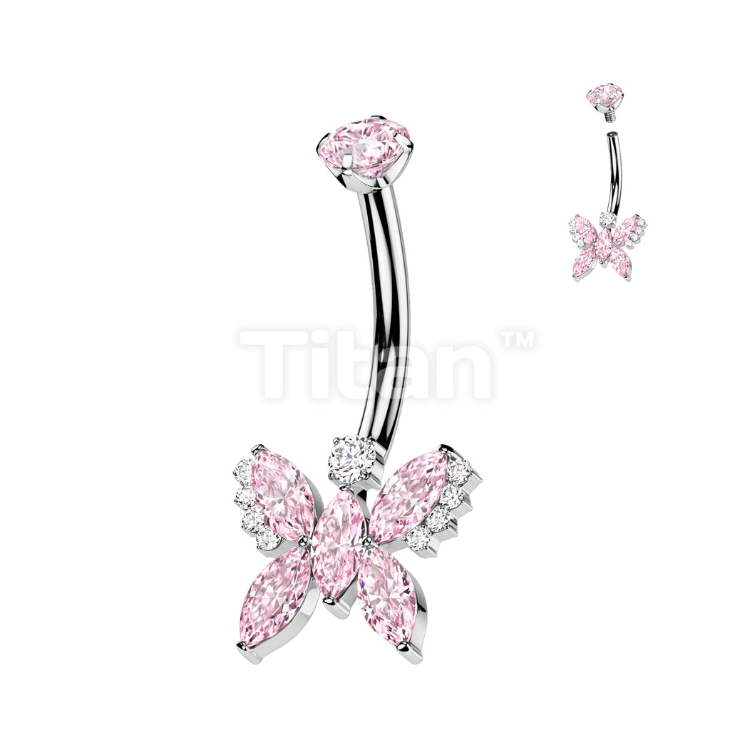 Implant Grade Titanium Internally Threaded 5 Marquise CZ Butterfly With Round CZ Prong Set Top Belly Button Ring - Image 3