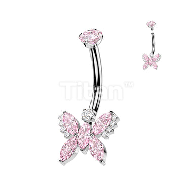 Implant Grade Titanium Internally Threaded 5 Marquise CZ Butterfly With Round CZ Prong Set Top Belly Button Ring - Image 3