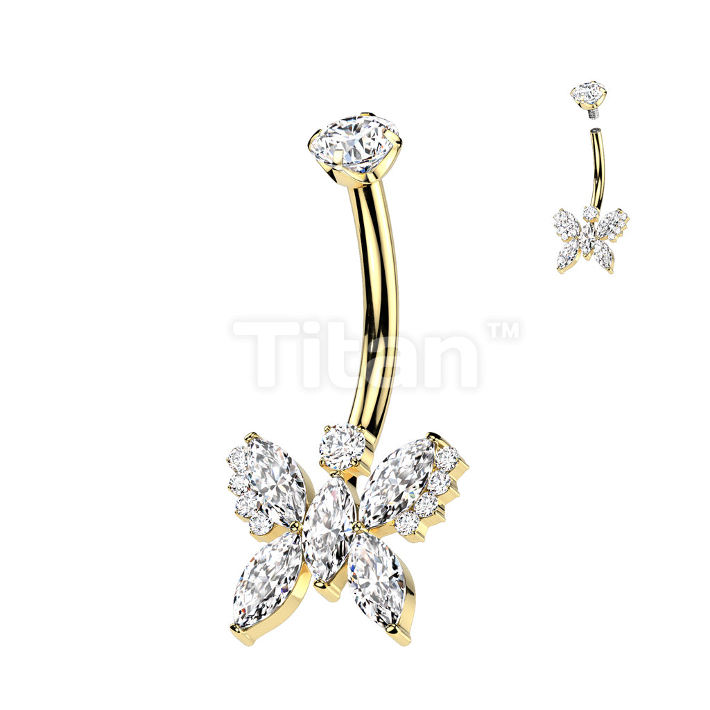 Implant Grade Titanium Internally Threaded 5 Marquise CZ Butterfly With Round CZ Prong Set Top Belly Button Ring - Image 5