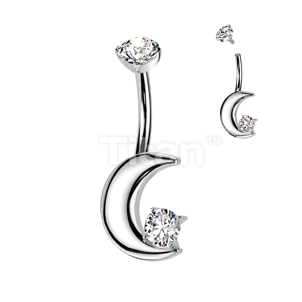 Implant Grade Titanium Internally Threaded Crescent Moon With CZ and Round CZ Prong Set Top Belly Button Ring - Image 2