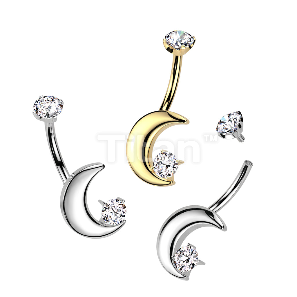 Implant Grade Titanium Internally Threaded Crescent Moon With CZ and Round CZ Prong Set Top Belly Button Ring