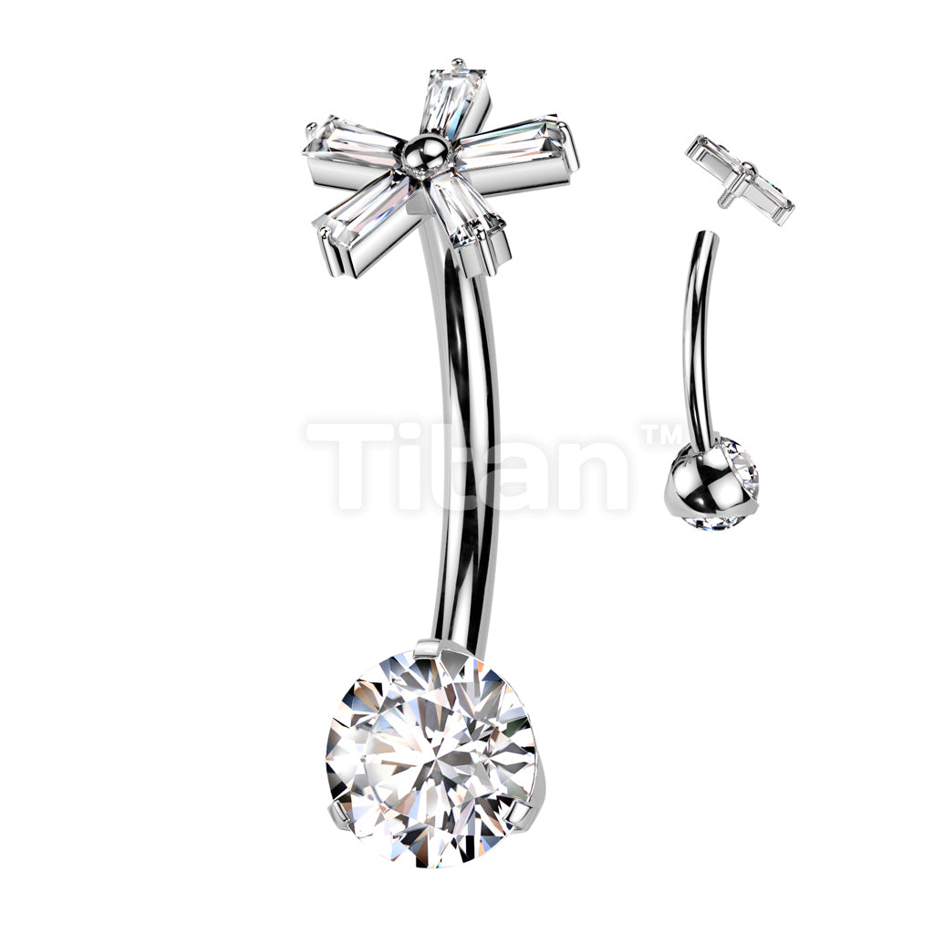 Implant Grade Titanium Internally Threaded Prong Set CZ Bottom With 5 Baguette CZ Flower Top Belly Button Ring - Image 2