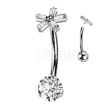 Implant Grade Titanium Internally Threaded Prong Set CZ Bottom With 5 Baguette CZ Flower Top Belly Button Ring - Image 2