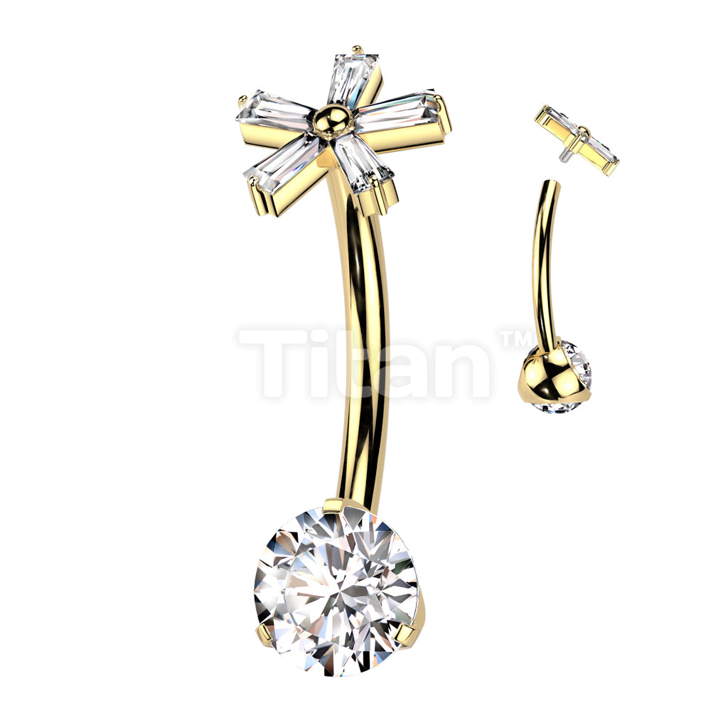 Implant Grade Titanium Internally Threaded Prong Set CZ Bottom With 5 Baguette CZ Flower Top Belly Button Ring - Image 3
