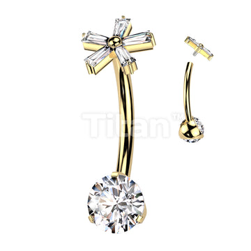 Implant Grade Titanium Internally Threaded Prong Set CZ Bottom With 5 Baguette CZ Flower Top Belly Button Ring - Image 3