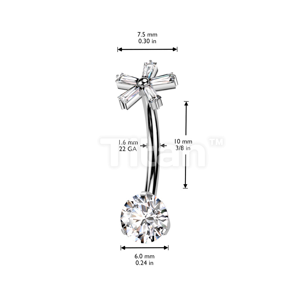 Implant Grade Titanium Internally Threaded Prong Set CZ Bottom With 5 Baguette CZ Flower Top Belly Button Ring - Image 4
