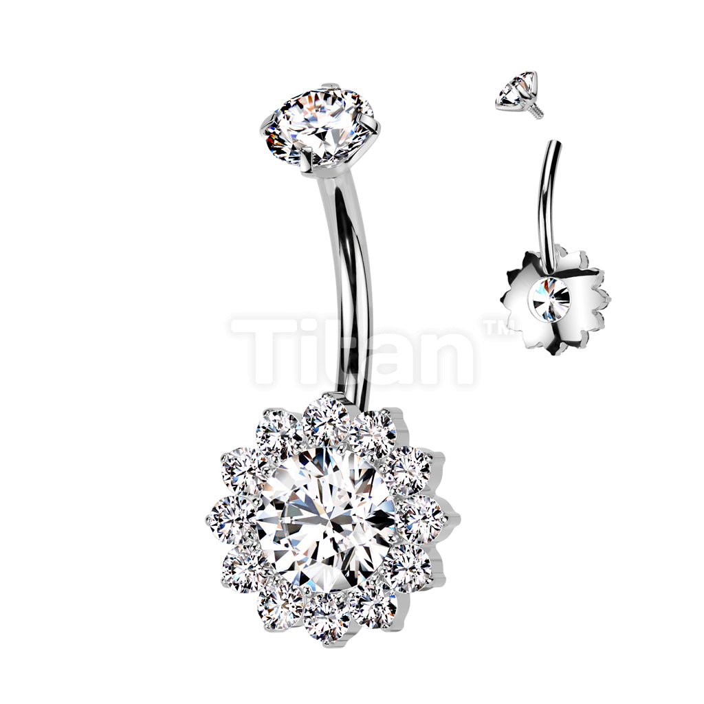 Implant Grade Titanium Internally Threaded Prong Set CZ Top With CZ Flower Belly Button Ring - Image 2