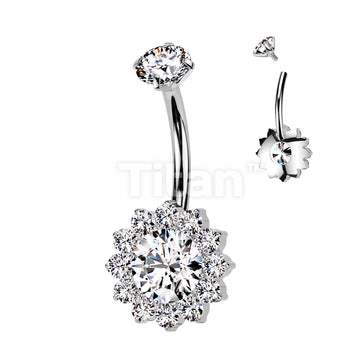 Implant Grade Titanium Internally Threaded Prong Set CZ Top With CZ Flower Belly Button Ring - Image 2