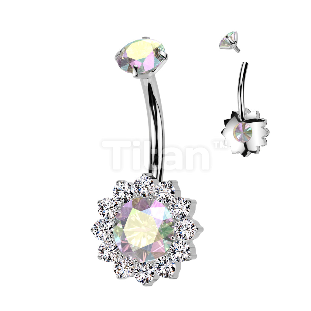 Implant Grade Titanium Internally Threaded Prong Set CZ Top With CZ Flower Belly Button Ring - Image 3
