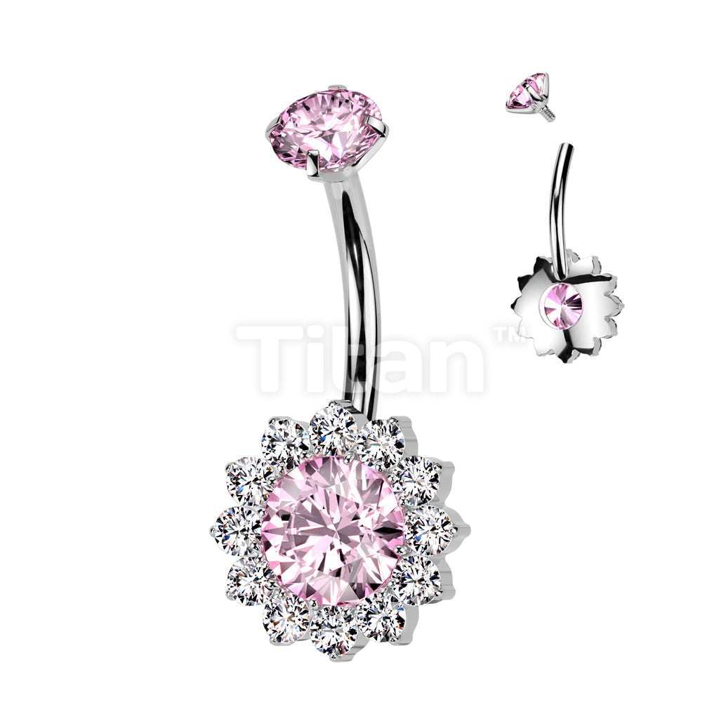 Implant Grade Titanium Internally Threaded Prong Set CZ Top With CZ Flower Belly Button Ring - Image 4