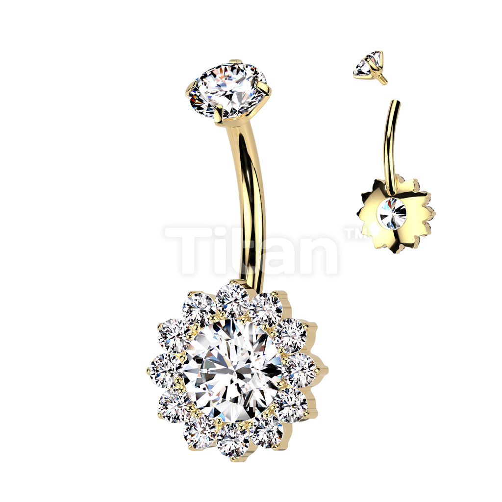 Implant Grade Titanium Internally Threaded Prong Set CZ Top With CZ Flower Belly Button Ring - Image 5