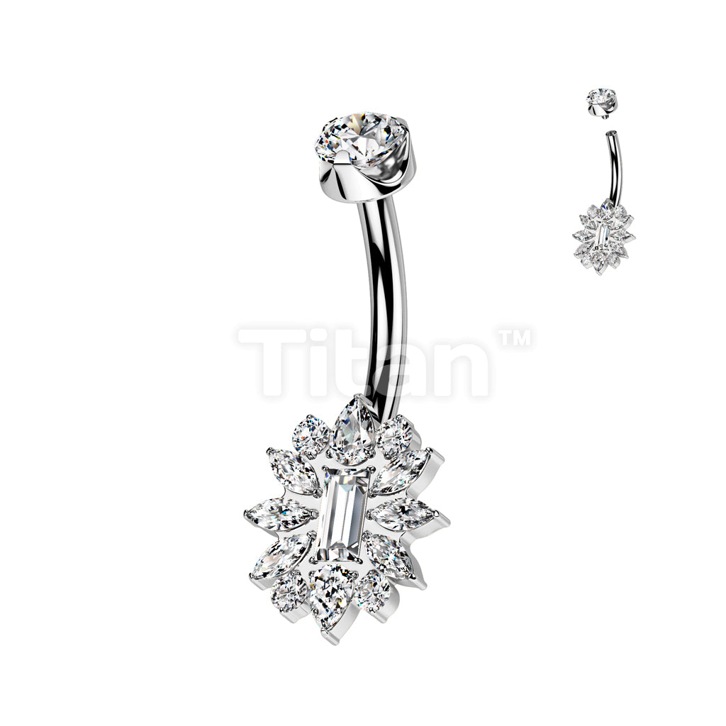 Implant Grade Titanium Internally Threaded CZ Cluster Flower With Round CZ Prong Set Top Belly Button Ring - Image 2