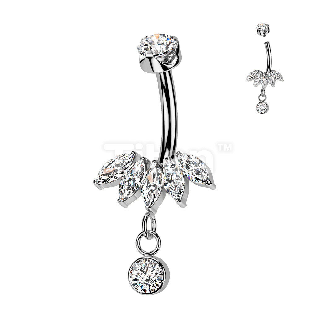 Implant Grade Titanium Internally Threaded 5 Marquise CZ Fan Bottom With Bezel Set CZ Dangle and CZ Prong Set Top Belly Button Ring - Image 2