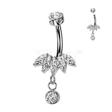 Implant Grade Titanium Internally Threaded 5 Marquise CZ Fan Bottom With Bezel Set CZ Dangle and CZ Prong Set Top Belly Button Ring - Image 2