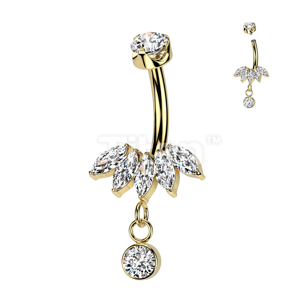 Implant Grade Titanium Internally Threaded 5 Marquise CZ Fan Bottom With Bezel Set CZ Dangle and CZ Prong Set Top Belly Button Ring - Image 3