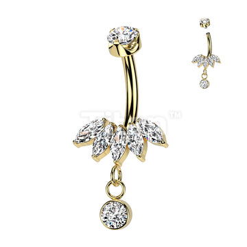 Implant Grade Titanium Internally Threaded 5 Marquise CZ Fan Bottom With Bezel Set CZ Dangle and CZ Prong Set Top Belly Button Ring - Image 3