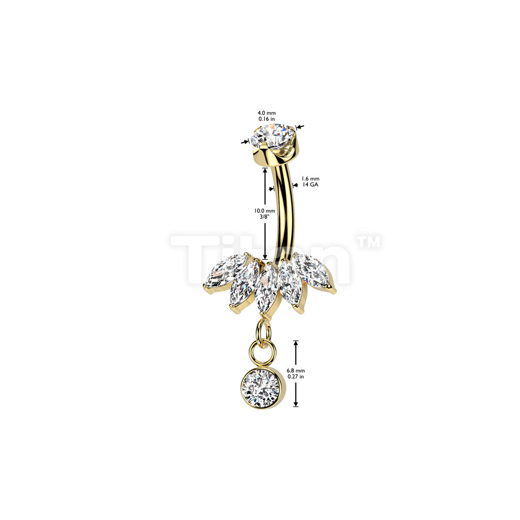 Implant Grade Titanium Internally Threaded 5 Marquise CZ Fan Bottom With Bezel Set CZ Dangle and CZ Prong Set Top Belly Button Ring - Image 4