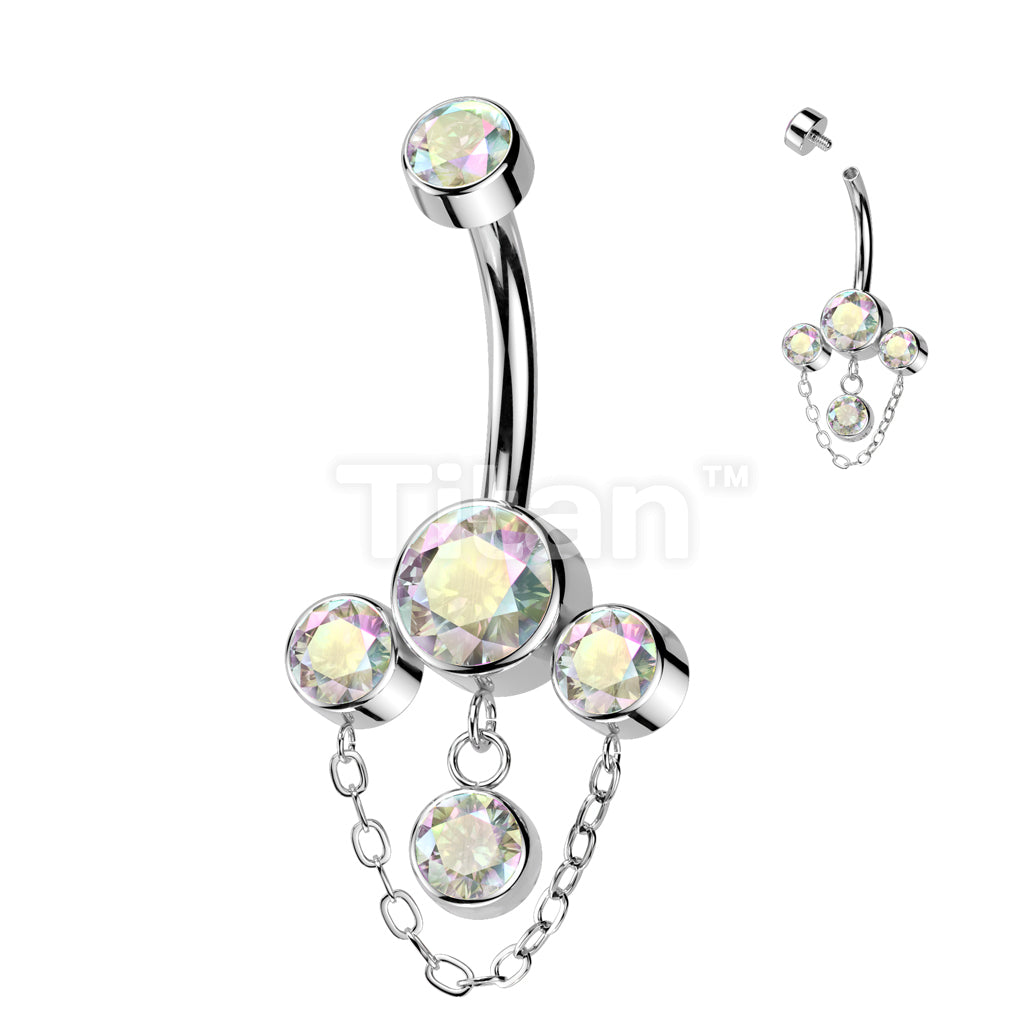 Implant Grade Titanium Internally Threaded Triple Bezel Set CZ Belly Button Ring With CZ and Chain Dangle - Image 2