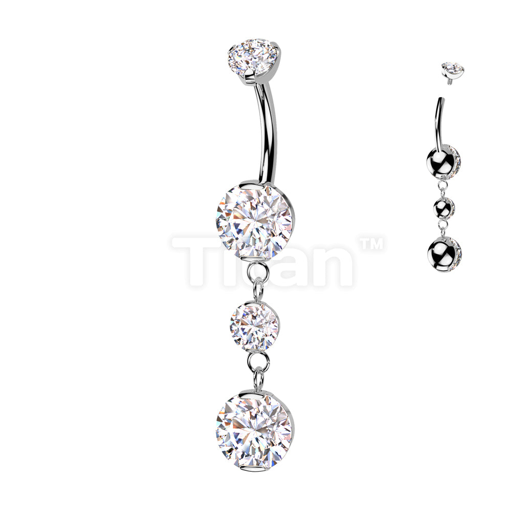 Implant Grade Titanium Internally Threaded Double Prong Set Belly Button Ring With 2 Round Prong Set Dangle - Image 3
