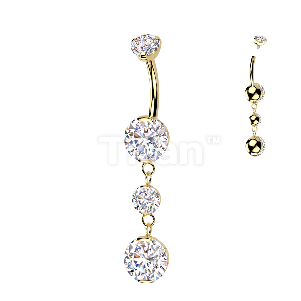 Implant Grade Titanium Internally Threaded Double Prong Set Belly Button Ring With 2 Round Prong Set Dangle - Image 4