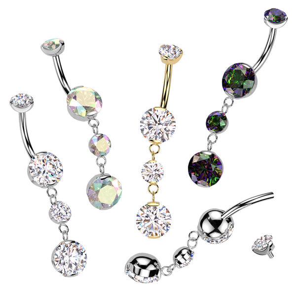 Implant Grade Titanium Internally Threaded Double Prong Set Belly Button Ring With 2 Round Prong Set Dangle