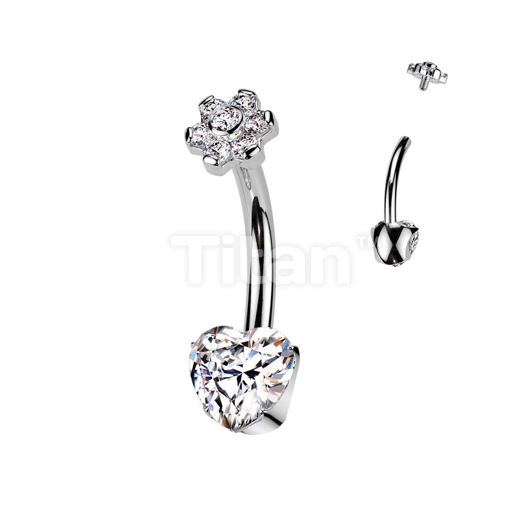Implant Grade Titanium Internally Threaded Prong Set Heart CZ Bottom With CZ Flower Bezel Set Center Top and Prong Set Petals - Image 2
