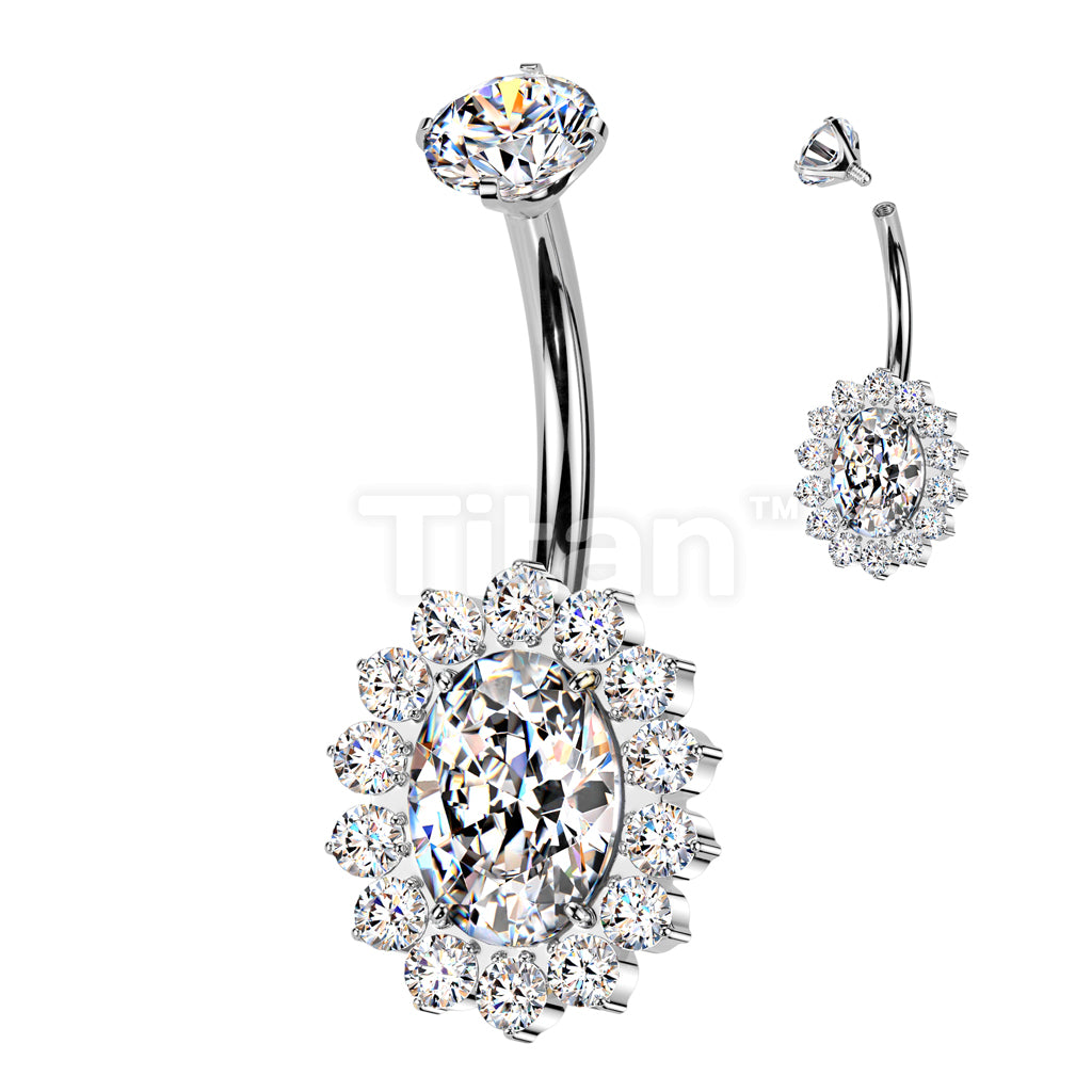 Implant Grade Titanium Internally Threaded CZ Oval Belly Button Ring With CNC CZ Pave Edge - Image 2