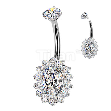 Implant Grade Titanium Internally Threaded CZ Oval Belly Button Ring With CNC CZ Pave Edge - Image 2