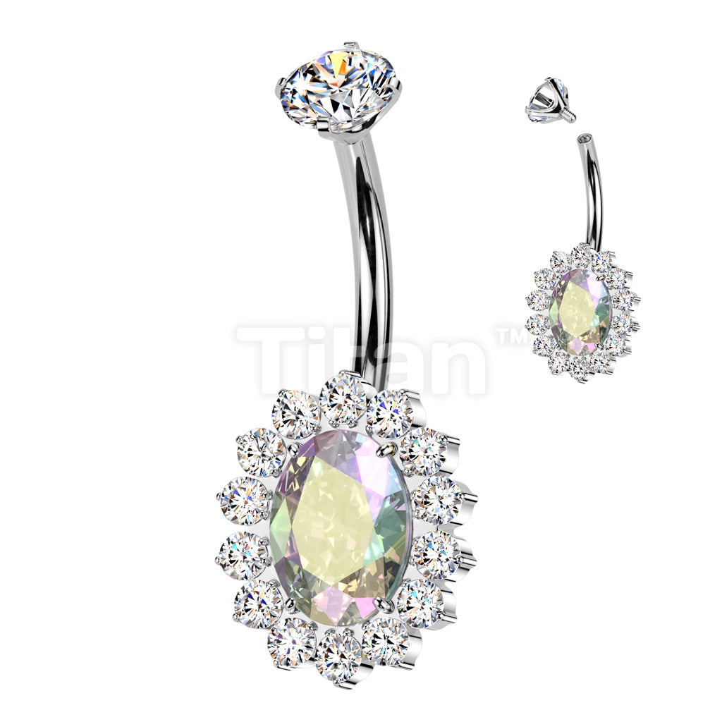 Implant Grade Titanium Internally Threaded CZ Oval Belly Button Ring With CNC CZ Pave Edge - Image 3
