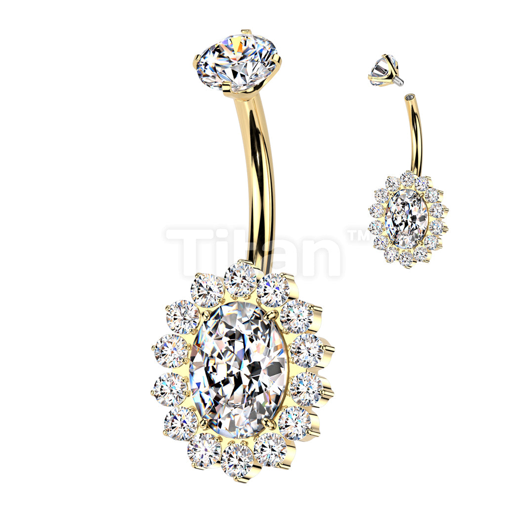 Implant Grade Titanium Internally Threaded CZ Oval Belly Button Ring With CNC CZ Pave Edge - Image 4