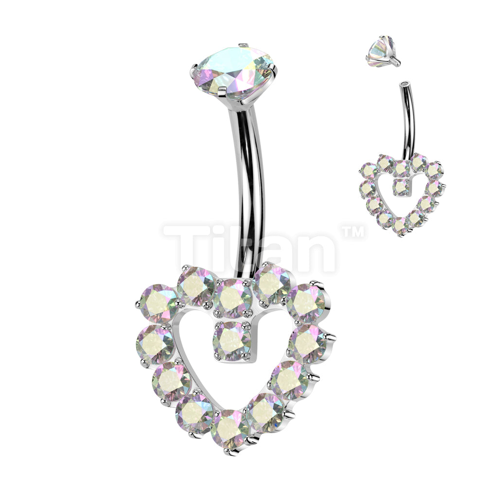 Implant Grade Titanium Internally Threaded Hollow CNC CZ Pave Heart Belly Button Ring With Round CZ Prong Set Top - Image 2