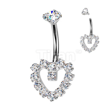 Implant Grade Titanium Internally Threaded Hollow CNC CZ Pave Heart Belly Button Ring With Round CZ Prong Set Top - Image 3