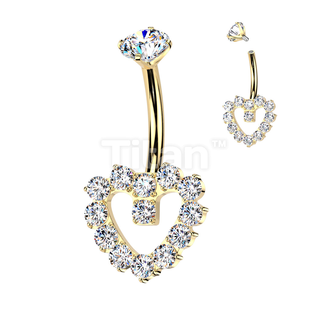 Implant Grade Titanium Internally Threaded Hollow CNC CZ Pave Heart Belly Button Ring With Round CZ Prong Set Top - Image 4