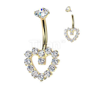 Implant Grade Titanium Internally Threaded Hollow CNC CZ Pave Heart Belly Button Ring With Round CZ Prong Set Top - Image 4