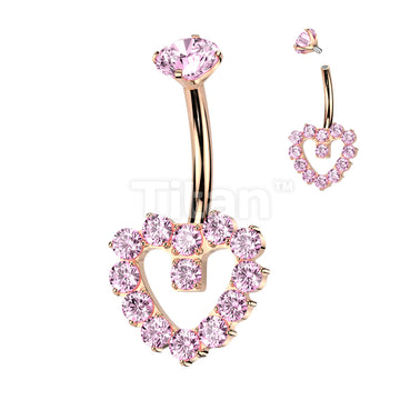 Implant Grade Titanium Internally Threaded Hollow CNC CZ Pave Heart Belly Button Ring With Round CZ Prong Set Top - Image 5