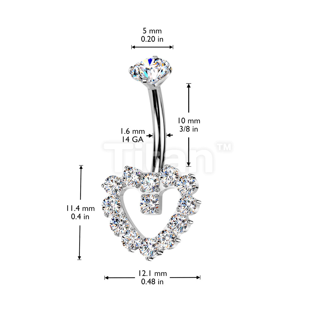 Implant Grade Titanium Internally Threaded Hollow CNC CZ Pave Heart Belly Button Ring With Round CZ Prong Set Top - Image 6