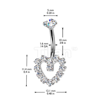Implant Grade Titanium Internally Threaded Hollow CNC CZ Pave Heart Belly Button Ring With Round CZ Prong Set Top - Image 6