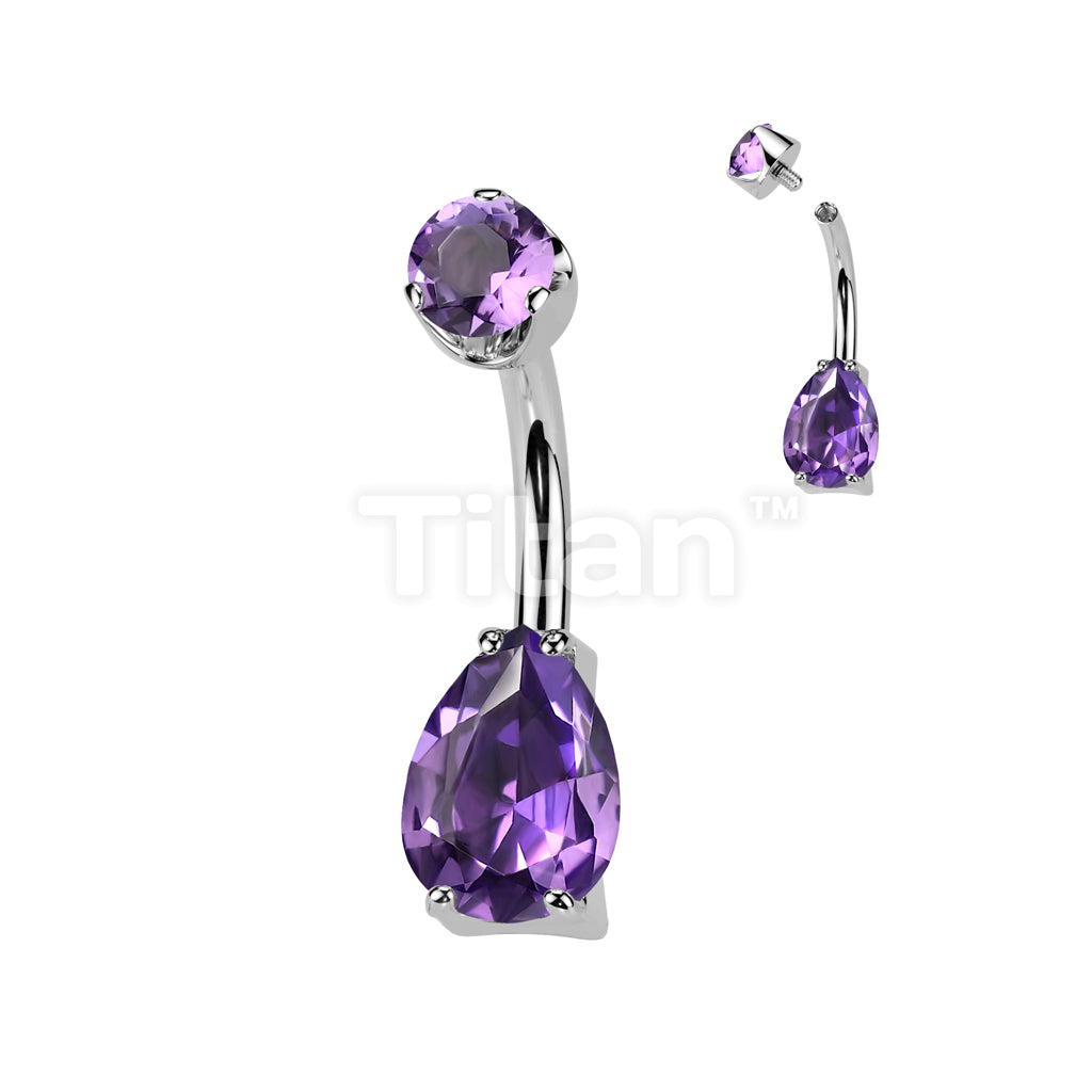 Implant Grade Titanium Internally Threaded Teardrop Prong Set Natural Gem Stone Belly Button Navel Ring With Semi-Bezel Set Top  - Image 2
