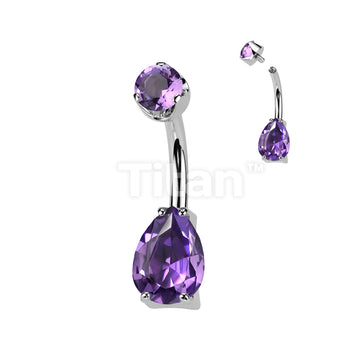 Implant Grade Titanium Internally Threaded Teardrop Prong Set Natural Gem Stone Belly Button Navel Ring With Semi-Bezel Set Top  - Image 2