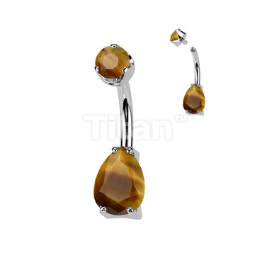 Implant Grade Titanium Internally Threaded Teardrop Prong Set Natural Gem Stone Belly Button Navel Ring With Semi-Bezel Set Top  - Image 11