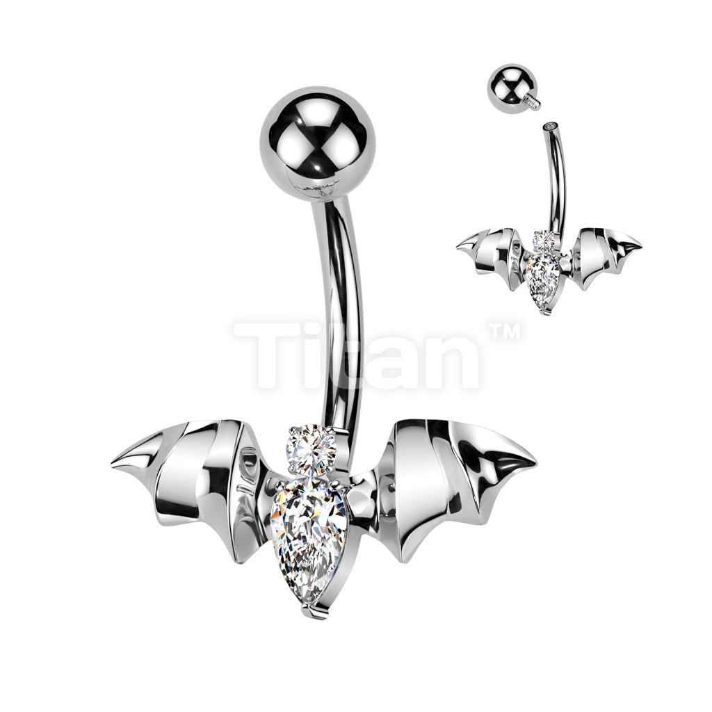 Implant Grade Titanium Internally Threaded CZ Bat Belly Button Ring  - Image 2
