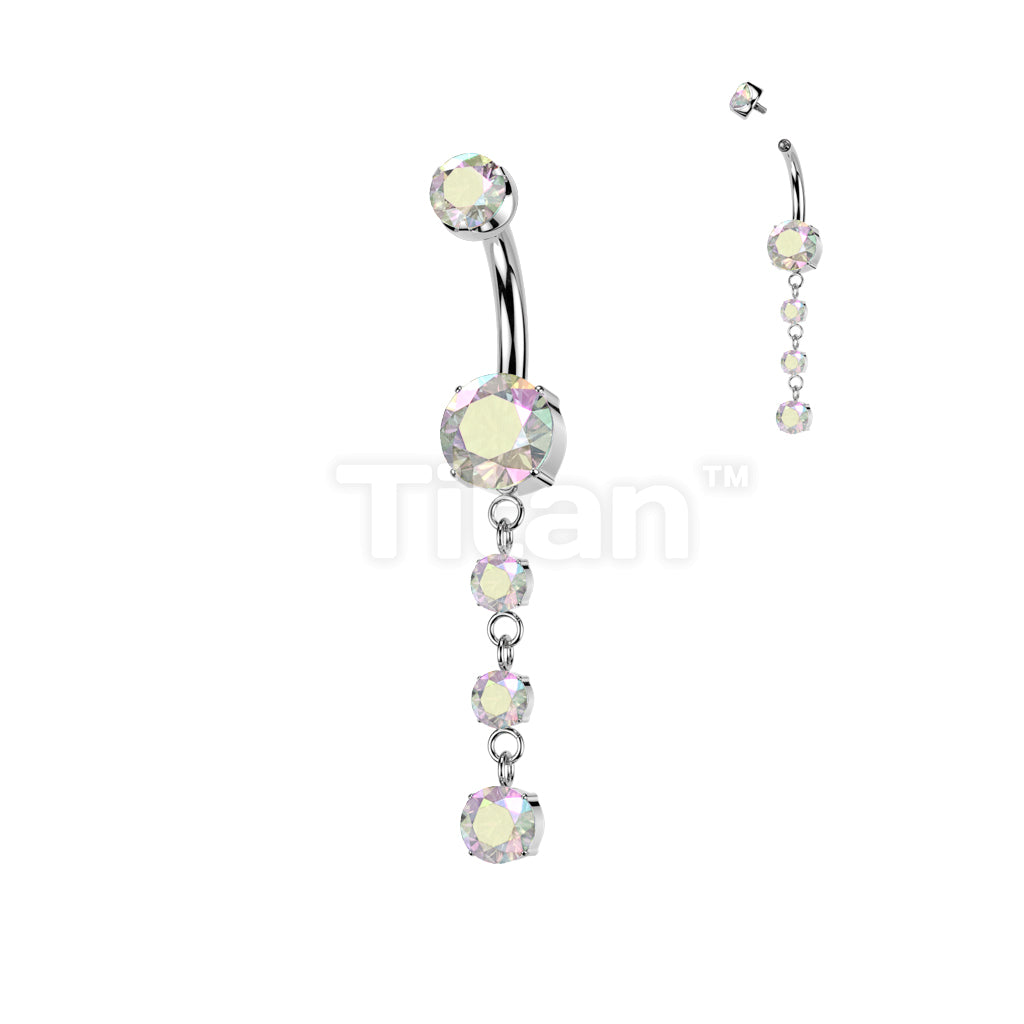 Implant Grade Titanium Internally Threaded Double Prong Set CZ Belly Button Ring With 3 Round Prong Set CZ Dangle - Image 2