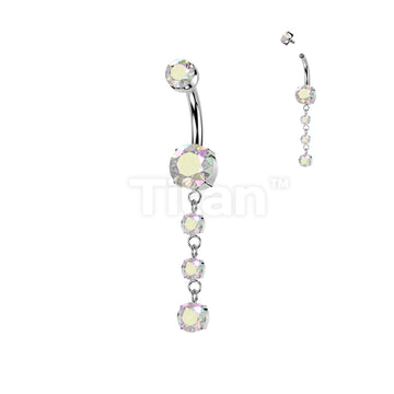 Implant Grade Titanium Internally Threaded Double Prong Set CZ Belly Button Ring With 3 Round Prong Set CZ Dangle - Image 2