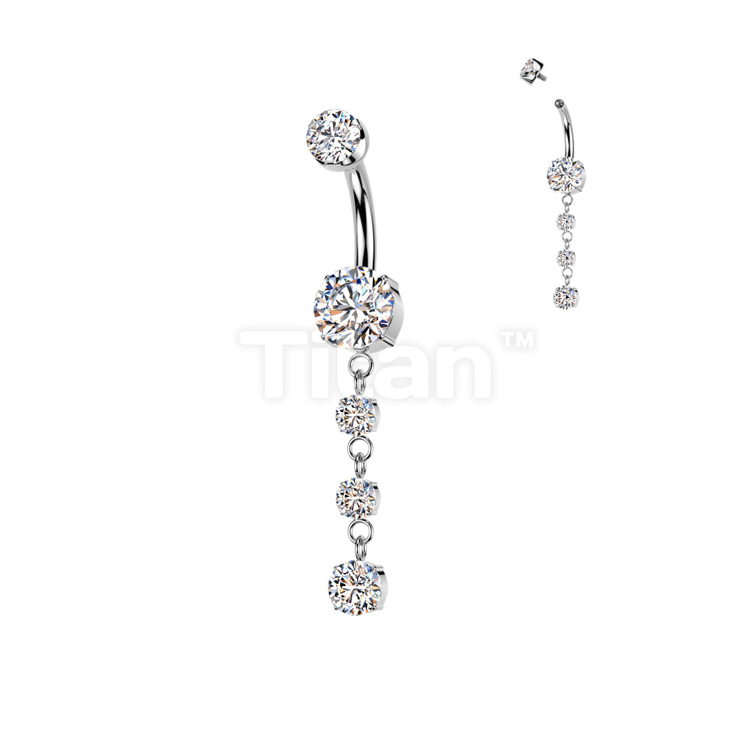 Implant Grade Titanium Internally Threaded Double Prong Set CZ Belly Button Ring With 3 Round Prong Set CZ Dangle - Image 3