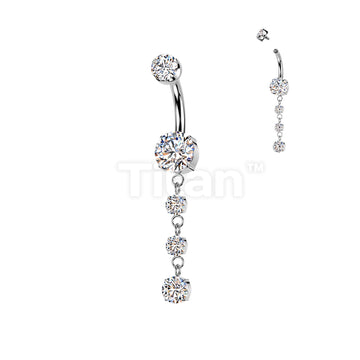 Implant Grade Titanium Internally Threaded Double Prong Set CZ Belly Button Ring With 3 Round Prong Set CZ Dangle - Image 3