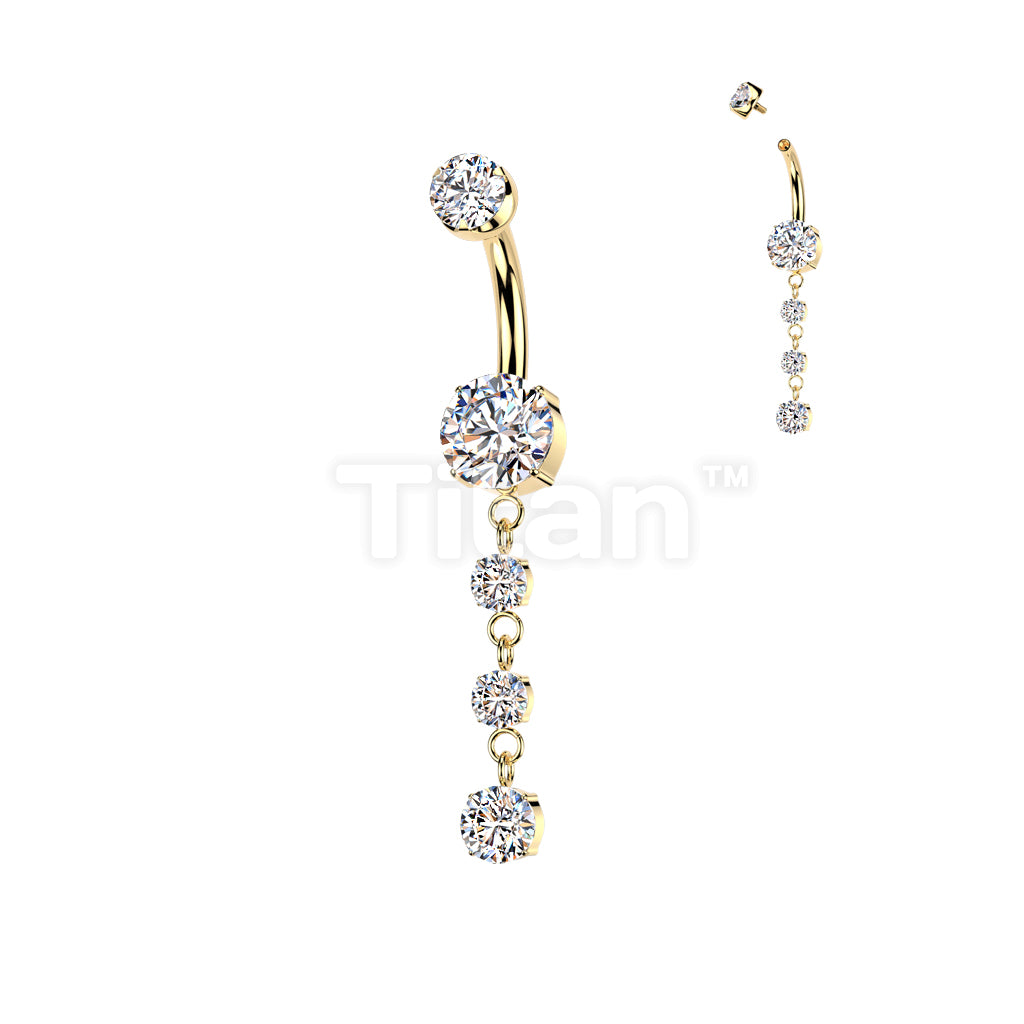 Implant Grade Titanium Internally Threaded Double Prong Set CZ Belly Button Ring With 3 Round Prong Set CZ Dangle - Image 4