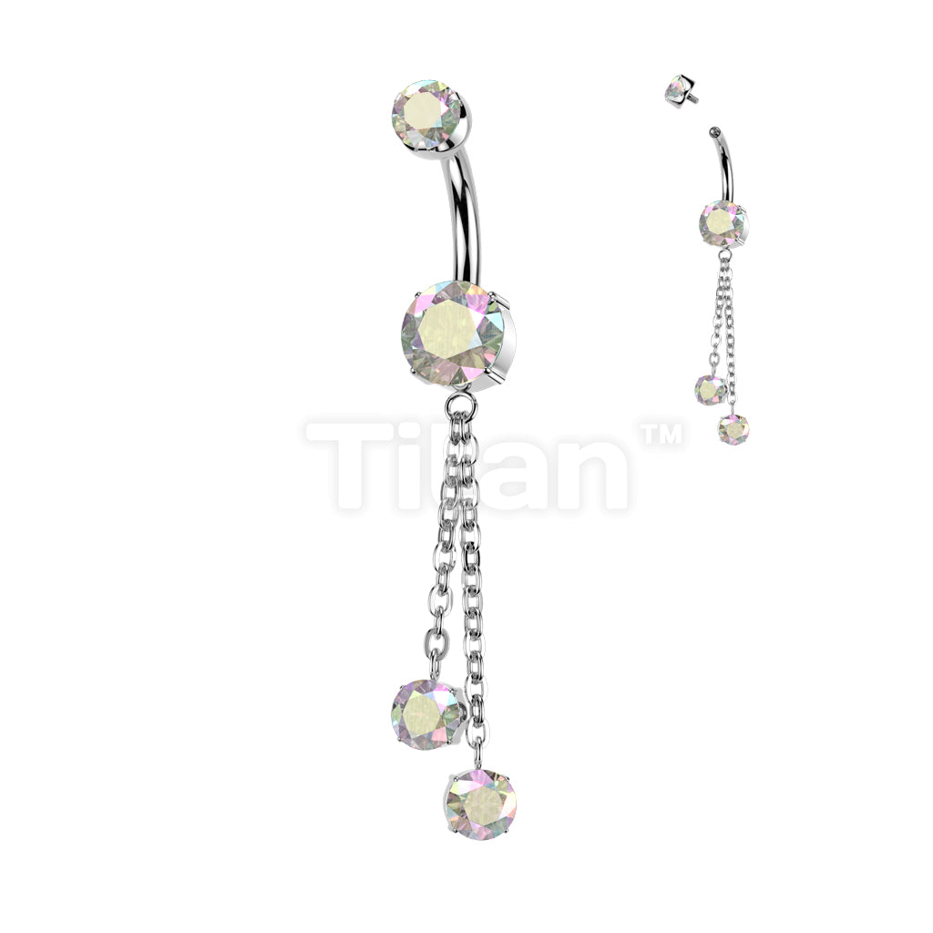 Implant Grade Titanium Internally Threaded Double Prong Set CZ Belly Button Ring With Double Round Prong Set CZ Chain Dangle - Image 2